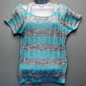 Guess Women Striped Crochet Top Polyester Rayon XS Y2K Boho Teal Grey